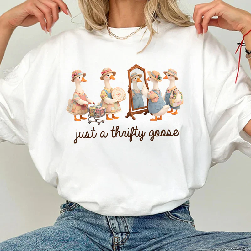 Personalized Just A Thrifty Goose Classic Tee, Cute Cartoon Goose Outfit Gift for Grandma or Mom - Image 3