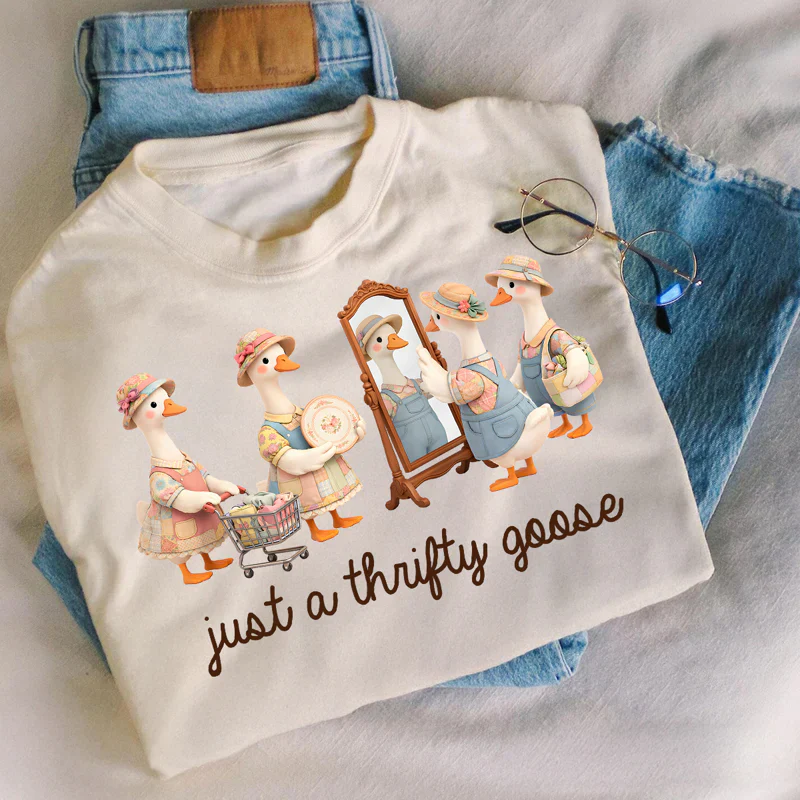 Personalized Just A Thrifty Goose Classic Tee, Cute Cartoon Goose Outfit Gift for Grandma or Mom - Image 7