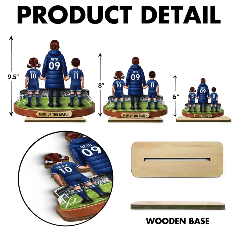 Personalized 2-Layer Wooden Plaque Soccer Mom and Kids Holding Hands Field Scene, Mum of the Match Unique Gift - Image 4