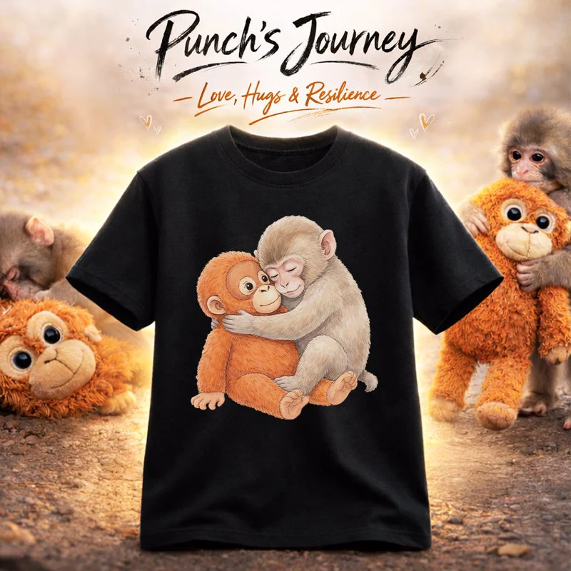 Cute Punch Monkey Graphic Classic Tee, Hugging Baby Monkey Art, Cozy Viral Animal Lover Gift Shirt - Image 2