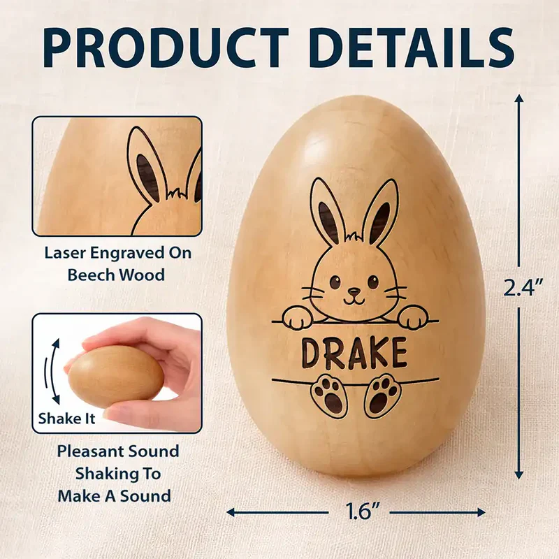 Personalized Bunny Wooden Egg Shaker - Cute Custom Easter Basket Gift for Kids, Sweet Keepsake Surprise - Image 4