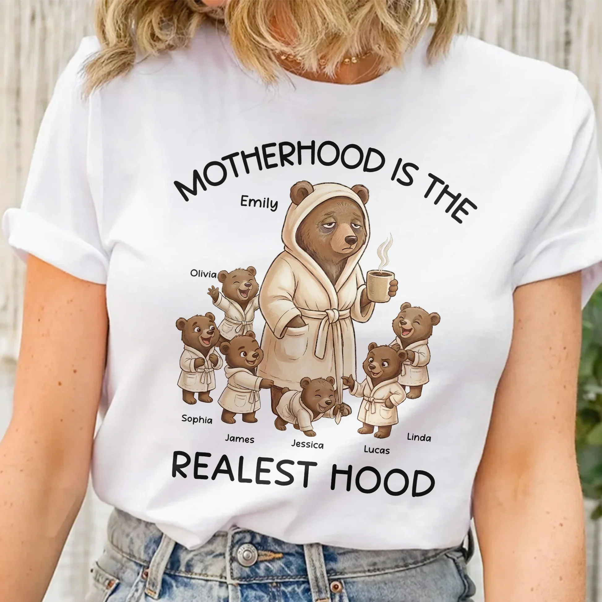 Personalized Mama Bear Classic Tee Motherhood Is The Realest Hood Cute Cartoon Gift for Mom - Image 2