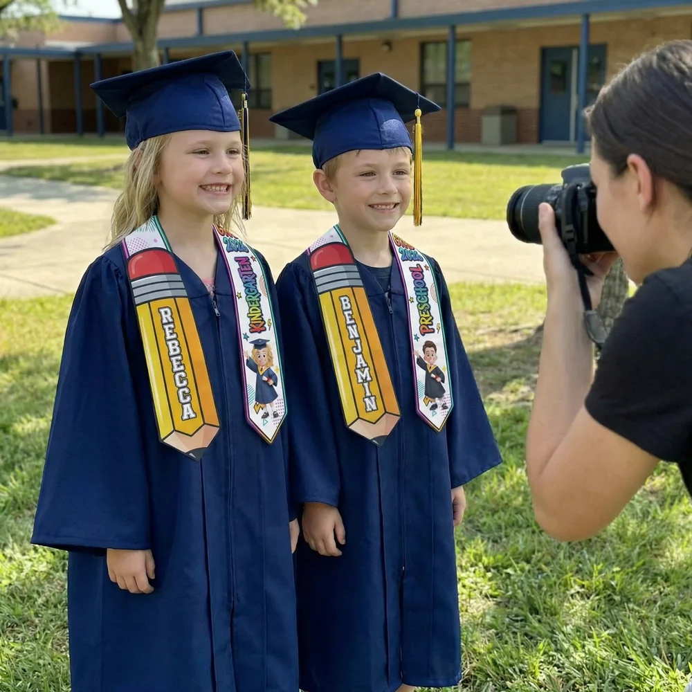 Personalized Graduation Stole for Preschool and Kindergarten, Pencil and Cartoon Grad Design, Unique Gift for Kids - Image 2