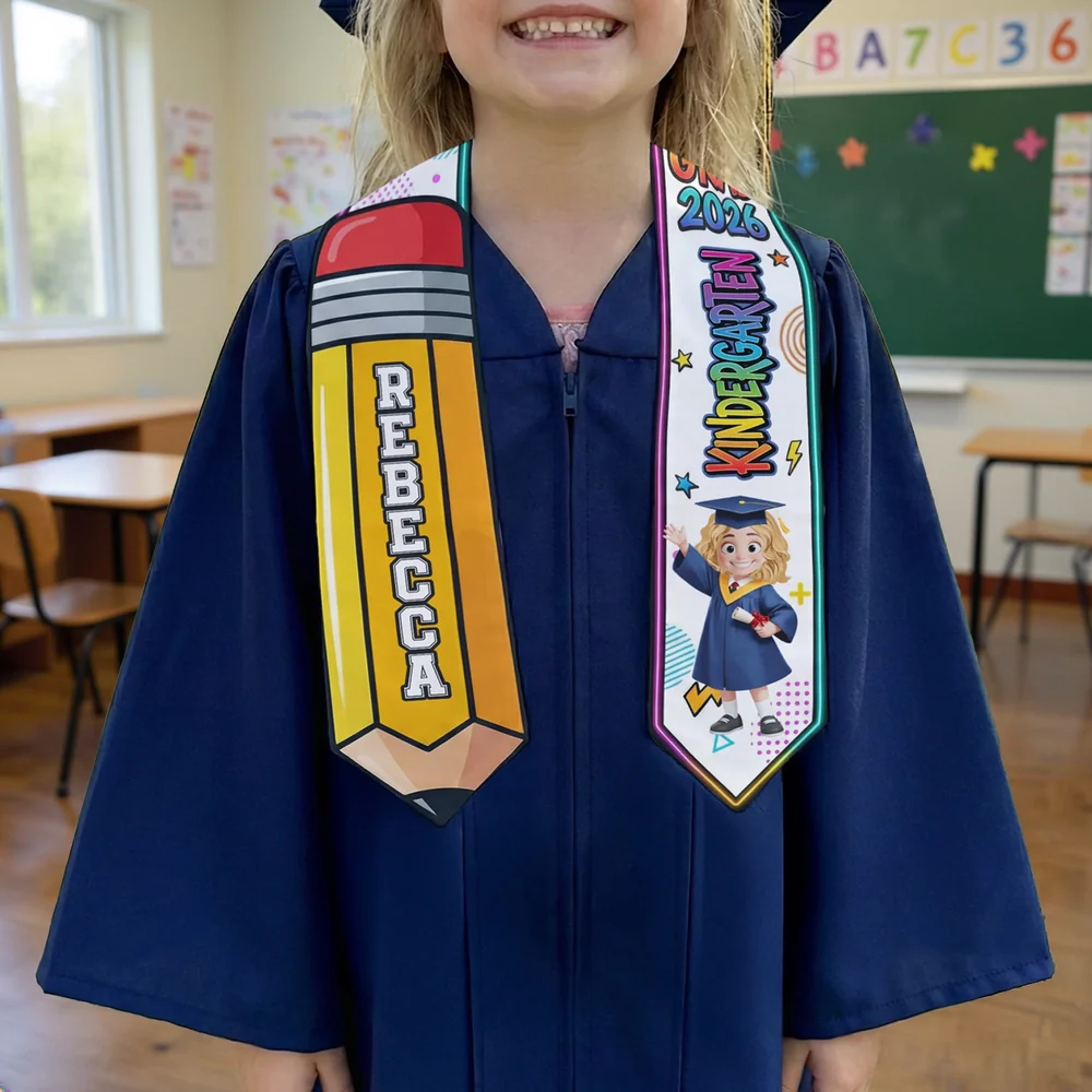 Personalized Graduation Stole for Preschool and Kindergarten, Pencil and Cartoon Grad Design, Unique Gift for Kids - Image 3