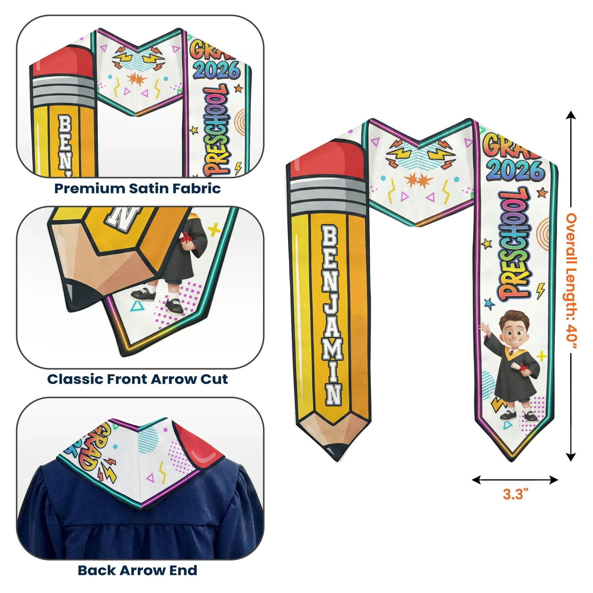 Personalized Graduation Stole for Preschool and Kindergarten, Pencil and Cartoon Grad Design, Unique Gift for Kids - Image 4