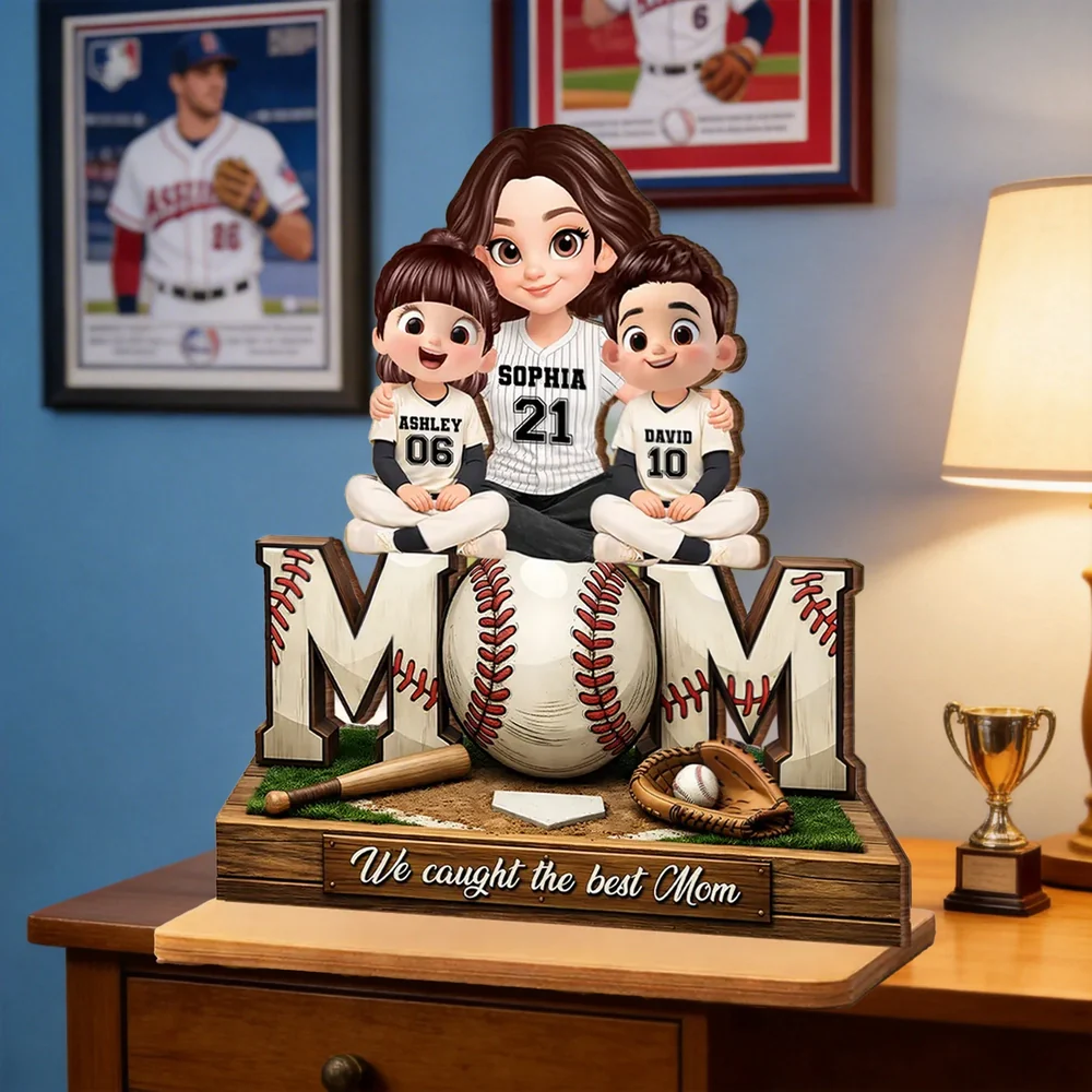 2-Layer Wooden Plaque Personalized Baseball Mom and Kids Team Jersey Look - Sweet Living Room Display and Creative Gift for Mom