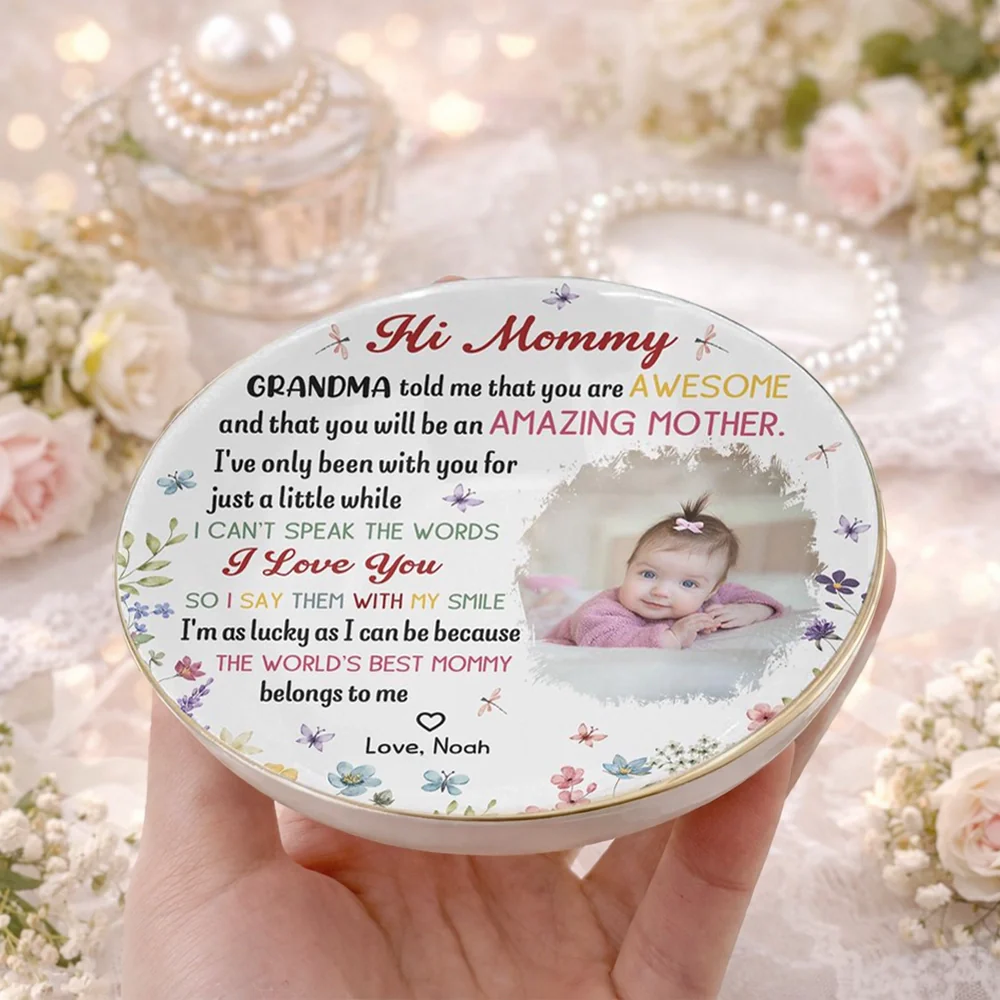 Hi Mommy Round Jewelry Dish, Personalized Baby Photo Keepsake, Heartwarming Jewelry Storage, Thoughtful Gift for New Mom - Image 2