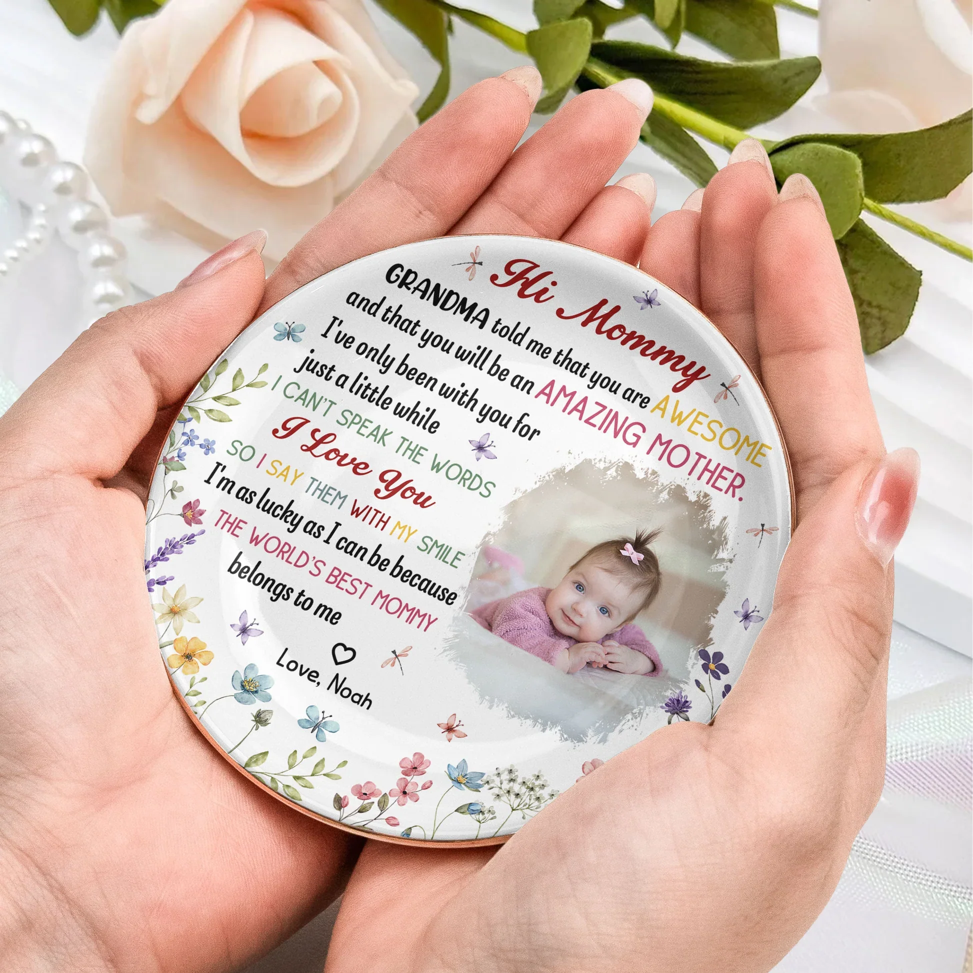 Hi Mommy Round Jewelry Dish, Personalized Baby Photo Keepsake, Heartwarming Jewelry Storage, Thoughtful Gift for New Mom - Image 5