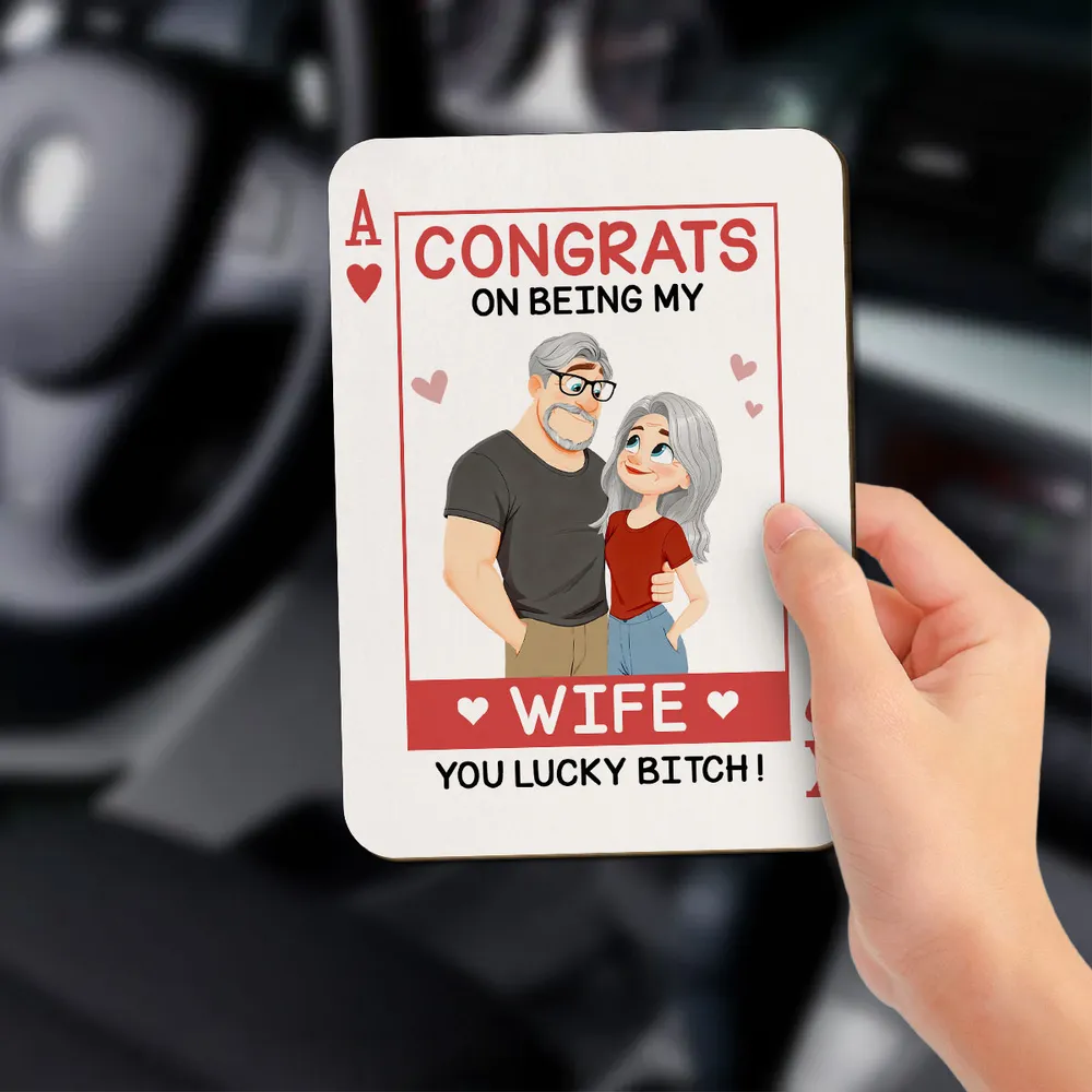 Personalized Wooden Car Visor Clip Funny Couple Illustration Card Style Car Decor, Unique Gift for Wife - Image 3