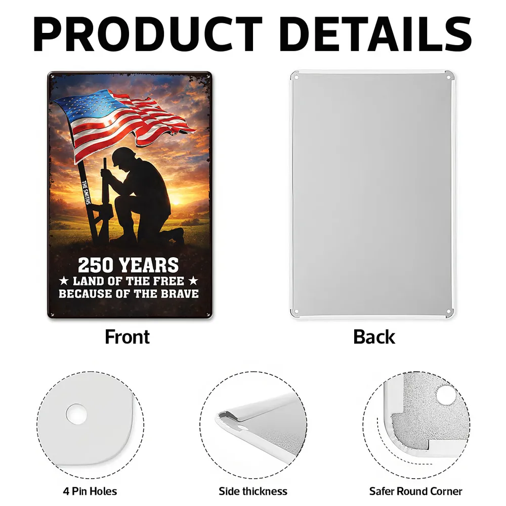 Personalized USA 250th Anniversary Rectangular Iron Sign, Kneeling Soldier Under Flag Porch Decor, Unique Patriotic Gift - Image 6
