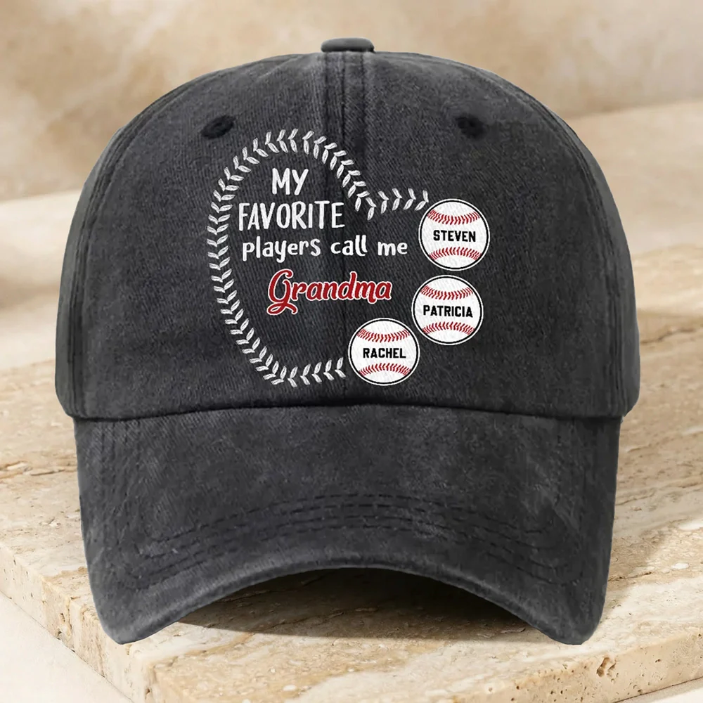 Personalized Washed Denim Baseball Cap, My Favorite Players Call Me Grandma, Vintage Baseball Gift for Grandma