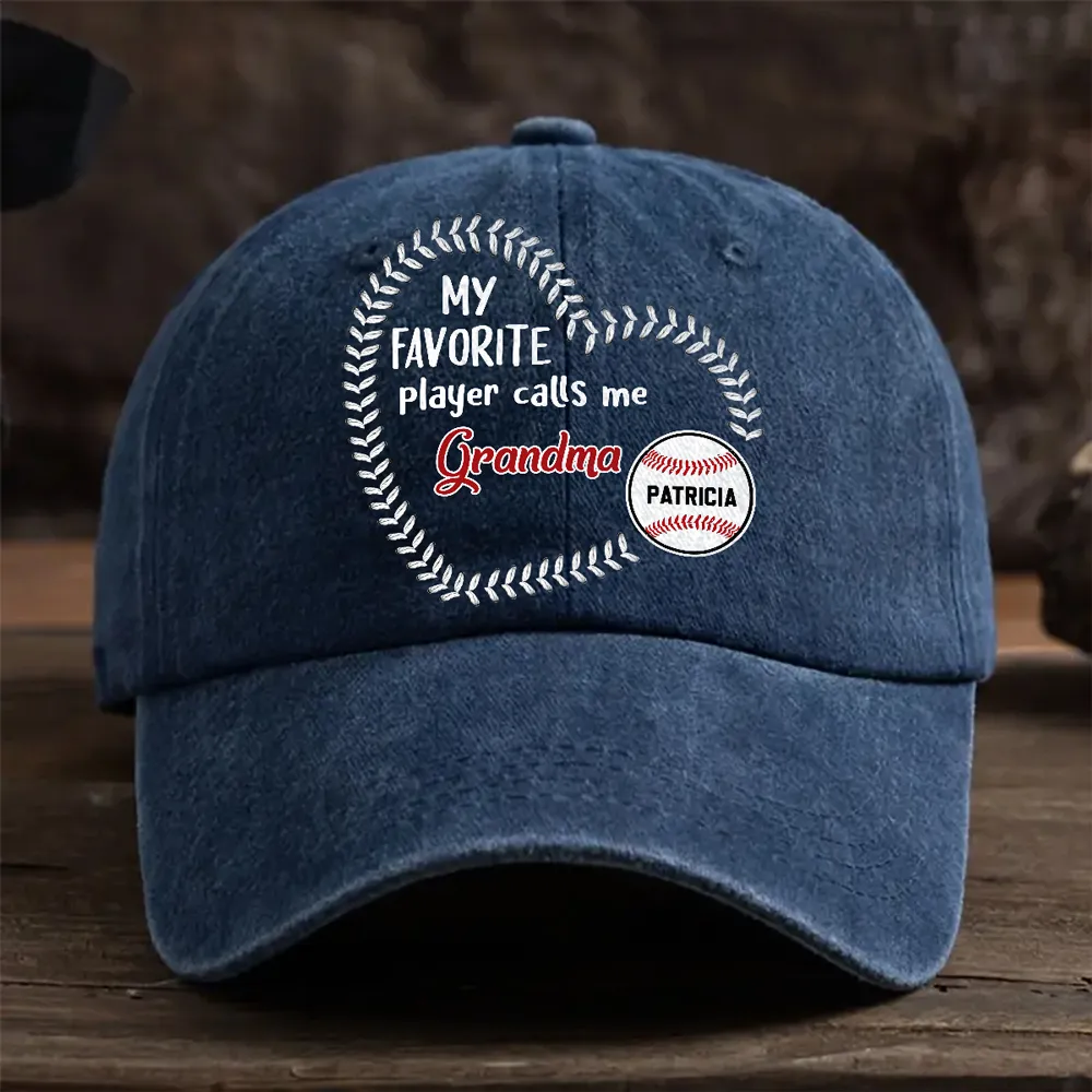 Personalized Washed Denim Baseball Cap, My Favorite Players Call Me Grandma, Vintage Baseball Gift for Grandma - Image 2