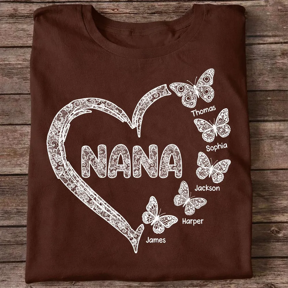 Personalized Classic Tee for Grandma, Lace Heart Nana Butterfly Design, Unique Custom Gift for Mother's Day