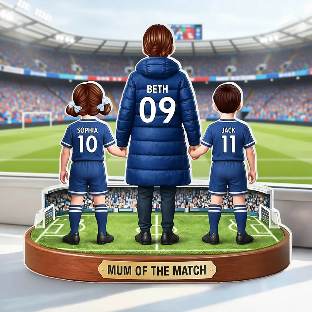 Personalized Shaped Acrylic Block Plaque Soccer Mom Holding Hands with Kids Keepsake, Mum of the Match Gift