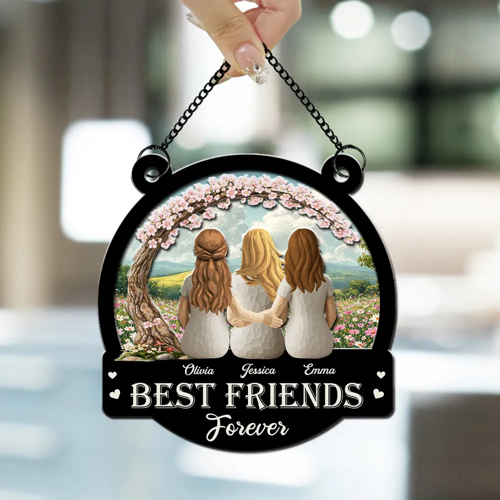 Personalized Wood and Acrylic Layered Ornament Best Friends Forever, Back View Hugging Friends in Wildflower Meadow, Unique Gift - Image 5