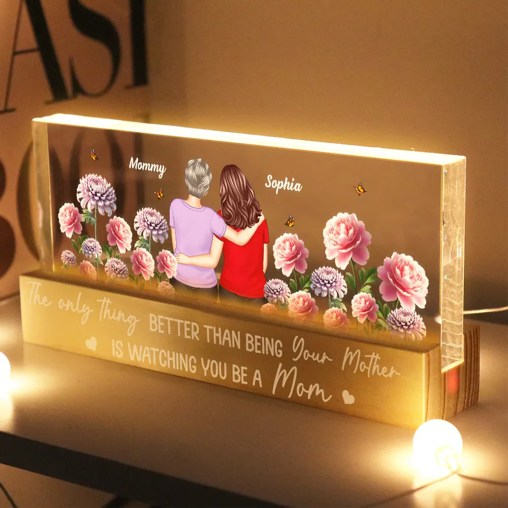 Personalized Block LED Light Plaque Mom and Daughter Hugging Floral Night Light, Unique Gift for Mom or Daughter - Image 2