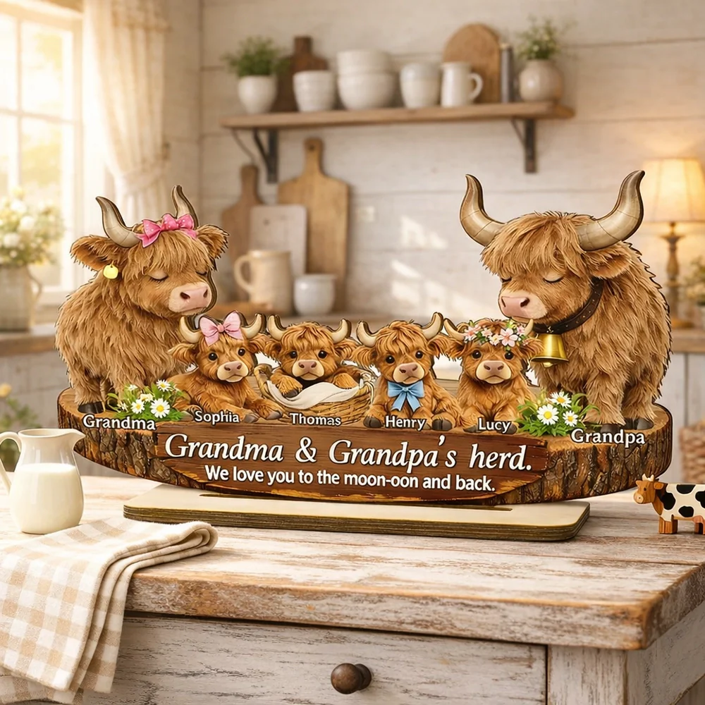 Personalized 2-Layer Wooden Plaque Highland Cow Family, Grandma & Grandpa's Herd, Unique Gift for Grandparents
