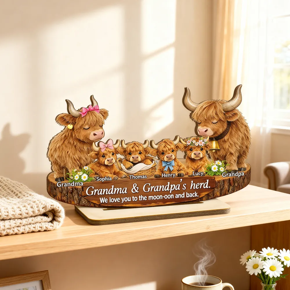 Personalized 2-Layer Wooden Plaque Highland Cow Family, Grandma & Grandpa's Herd, Unique Gift for Grandparents - Image 2