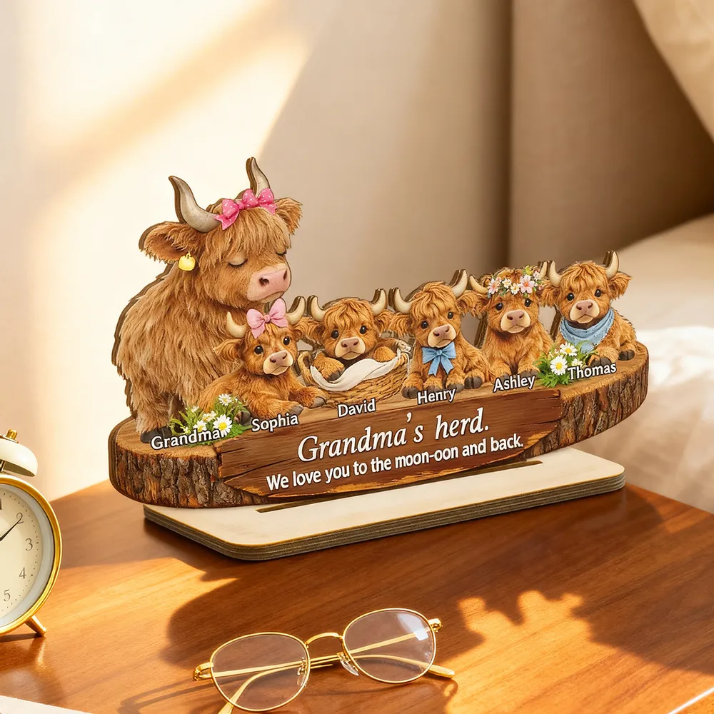 Personalized 2-Layer Wooden Plaque Highland Cow Family, Grandma & Grandpa's Herd, Unique Gift for Grandparents - Image 6