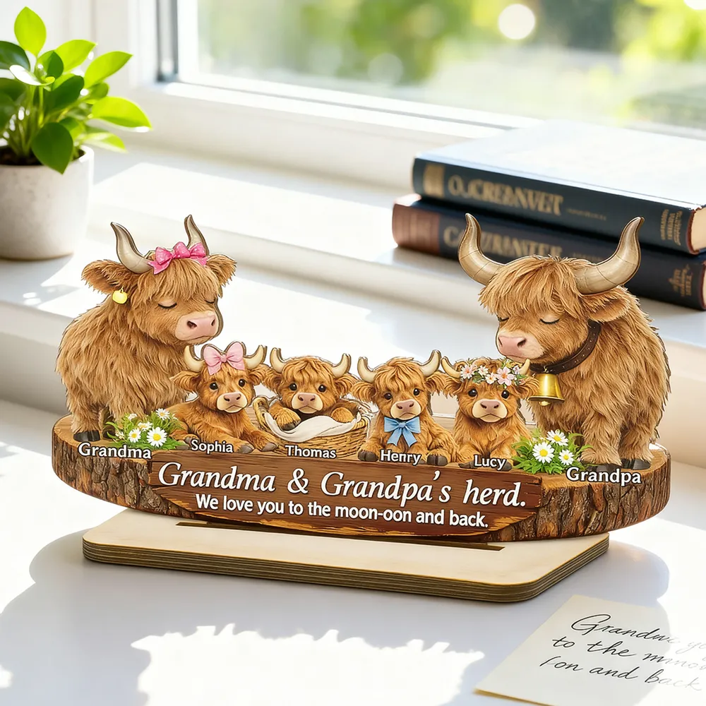 Personalized 2-Layer Wooden Plaque Highland Cow Family, Grandma & Grandpa's Herd, Unique Gift for Grandparents - Image 7
