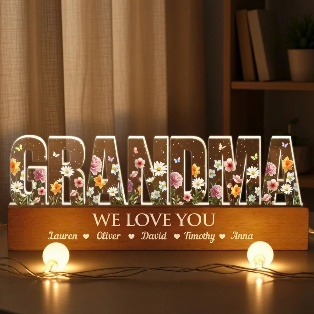 Personalized Block LED Light Plaque for Grandma with Floral Letters and Warm Glow, Unique Custom Gift for Family Love