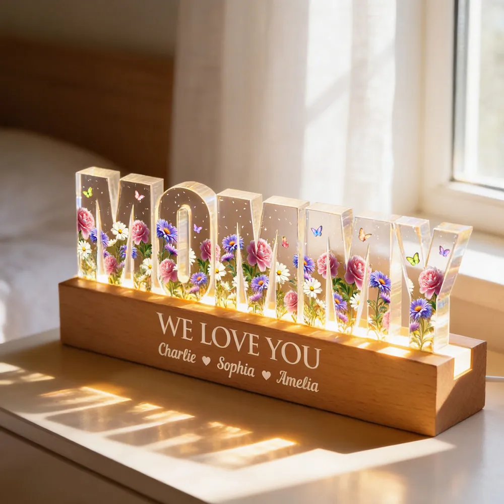 Personalized Block LED Light Plaque for Grandma with Floral Letters and Warm Glow, Unique Custom Gift for Family Love - Image 2