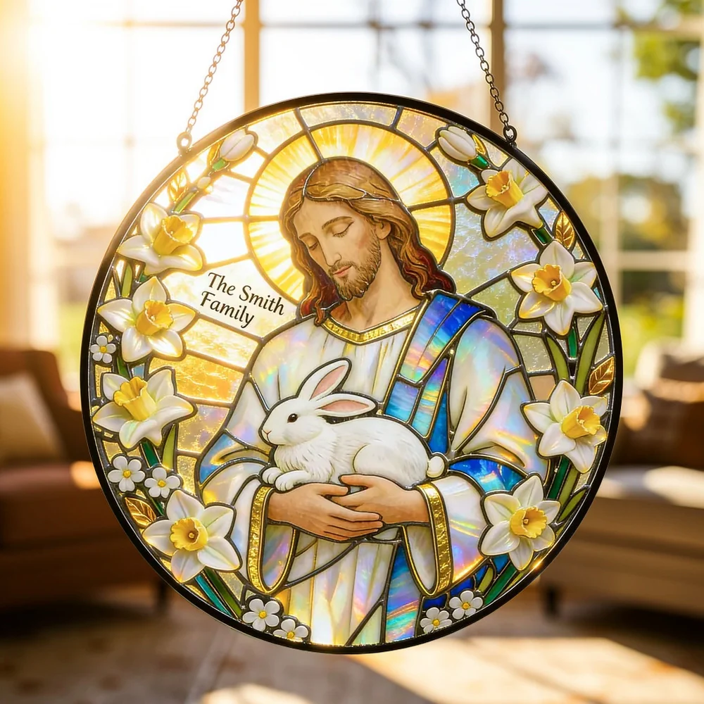 Personalized Jesus With Bunny Glass Suncatcher Ornament for Easter Window Display, Bright Colorful Light, Unique Religious Gift