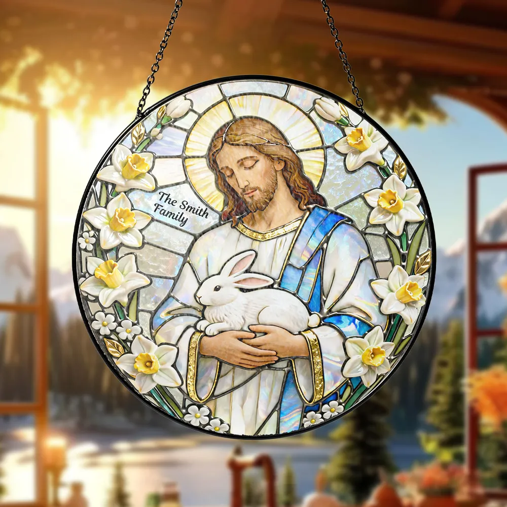 Personalized Jesus With Bunny Glass Suncatcher Ornament for Easter Window Display, Bright Colorful Light, Unique Religious Gift - Image 3