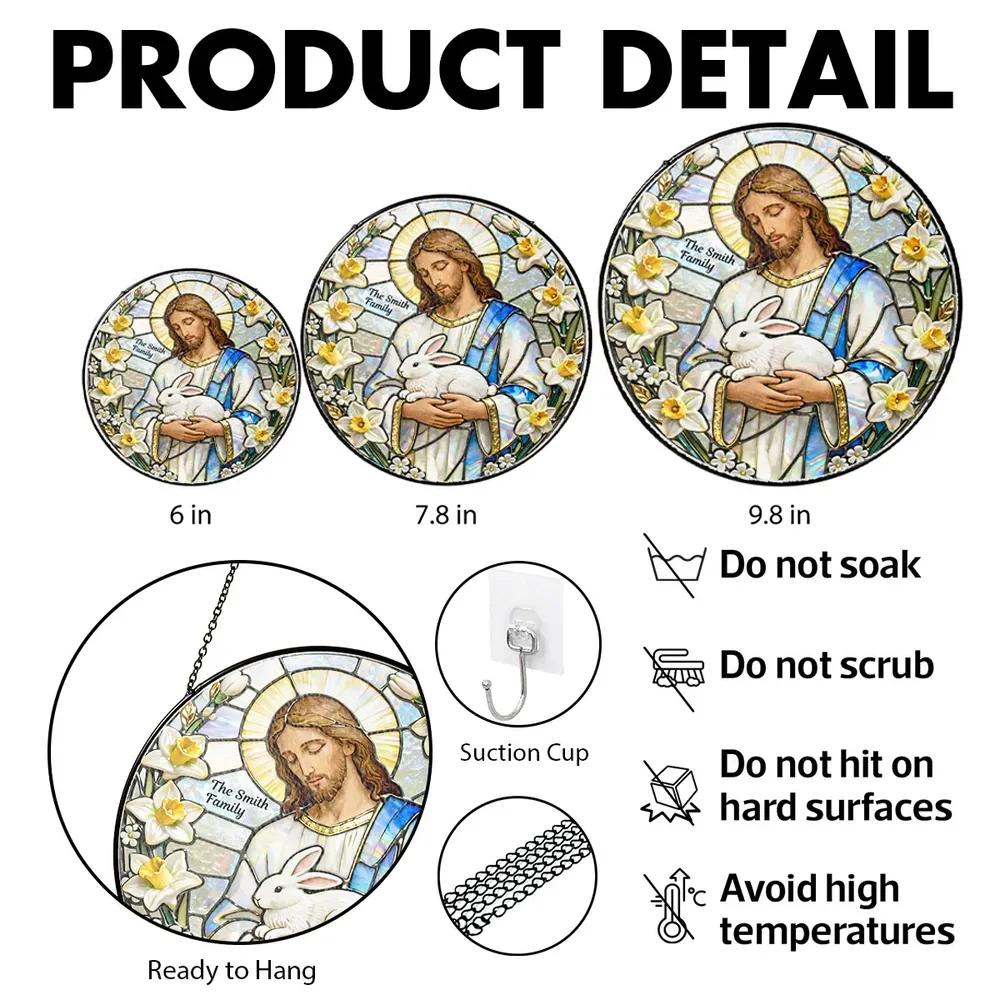 Personalized Jesus With Bunny Glass Suncatcher Ornament for Easter Window Display, Bright Colorful Light, Unique Religious Gift - Image 4