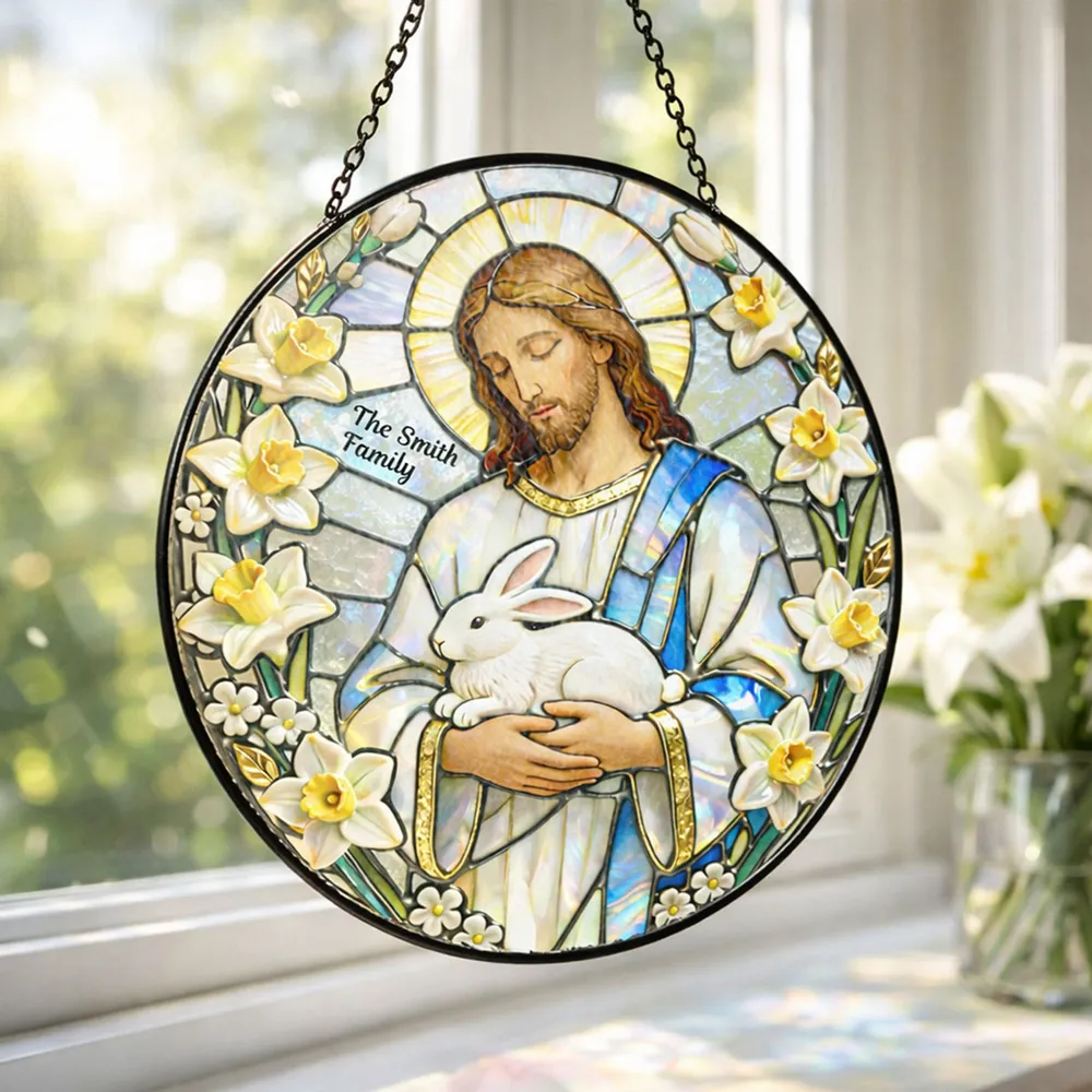 Personalized Jesus With Bunny Glass Suncatcher Ornament for Easter Window Display, Bright Colorful Light, Unique Religious Gift - Image 6