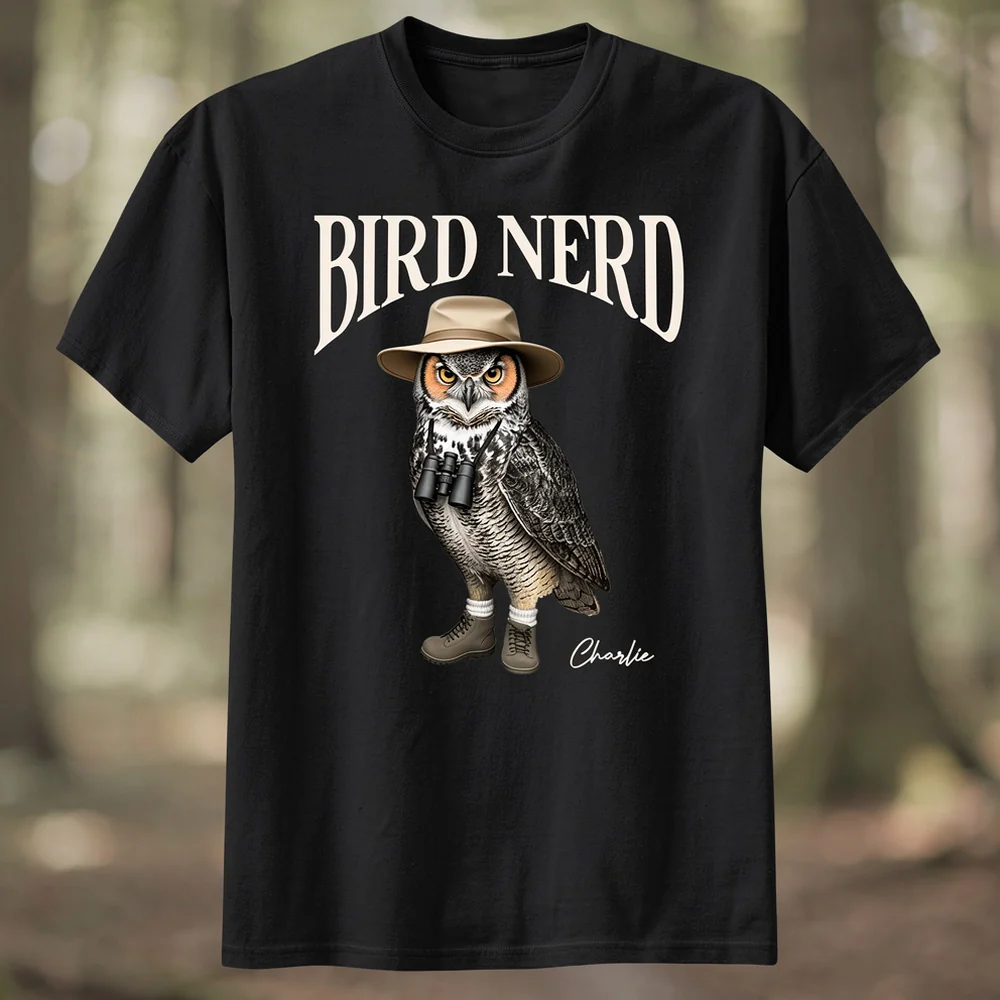 Personalized Bird Nerd Classic Tee with Owl in Hat and Binoculars, Funny Birdwatching Look, Unique Gift for Bird Lover