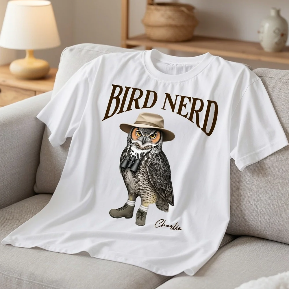 Personalized Bird Nerd Classic Tee with Owl in Hat and Binoculars, Funny Birdwatching Look, Unique Gift for Bird Lover - Image 3