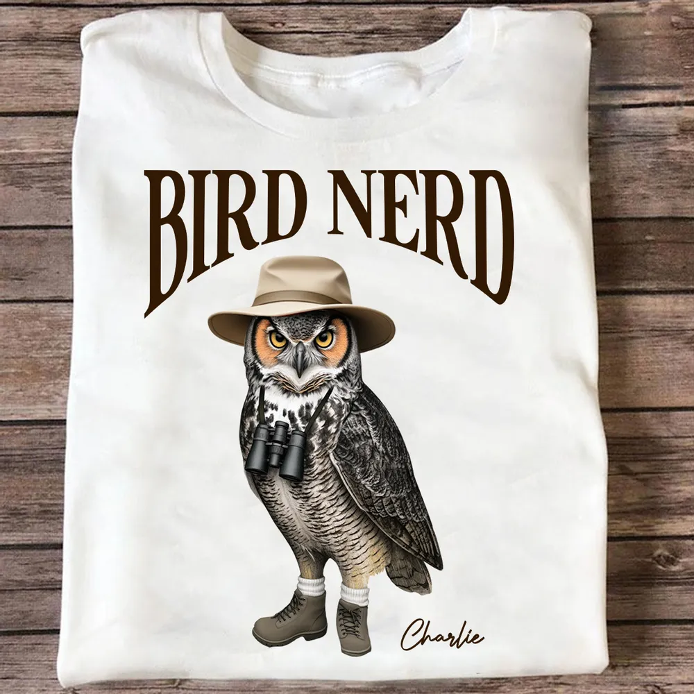 Personalized Bird Nerd Classic Tee with Owl in Hat and Binoculars, Funny Birdwatching Look, Unique Gift for Bird Lover - Image 8