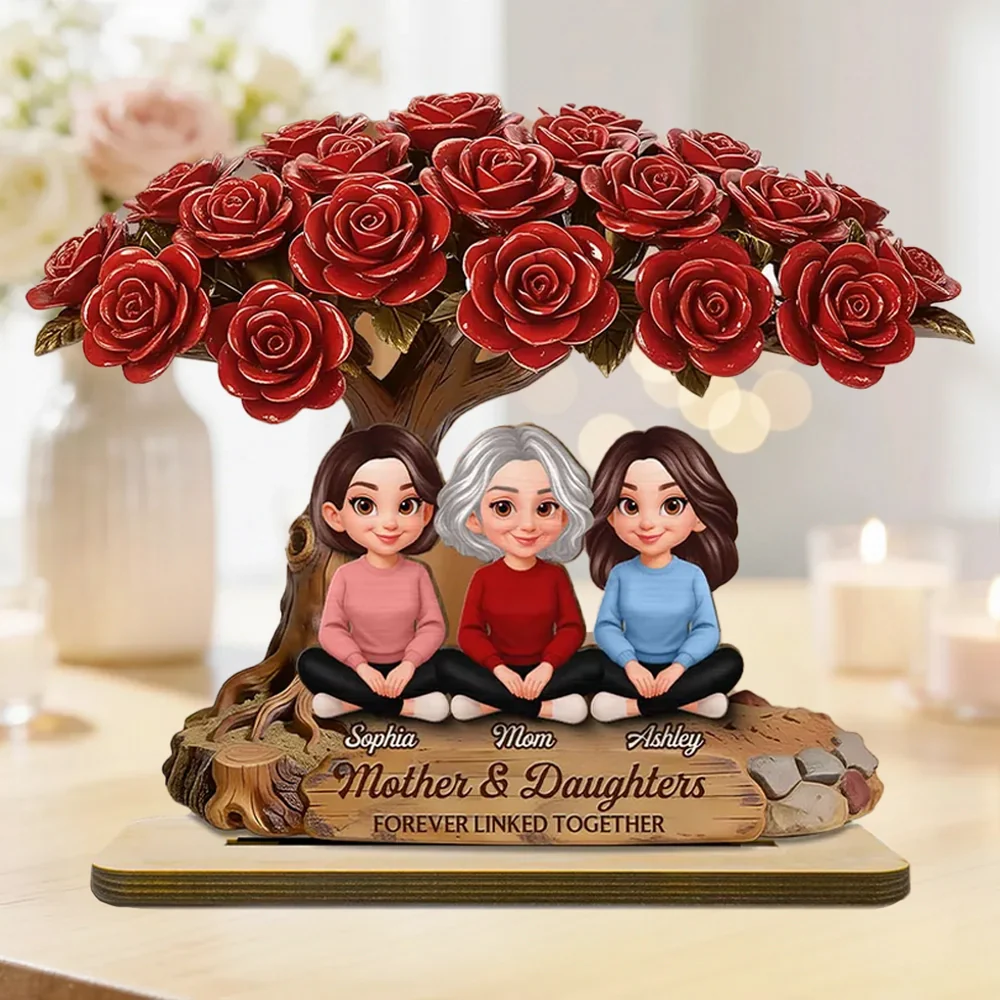 Personalized 2-Layer Wooden Plaque Rose Tree Mom and Daughters Cute Cartoon Keepsake, Unique Gift for Mom