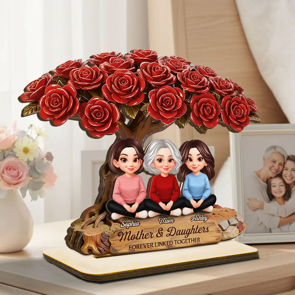 Personalized 2-Layer Wooden Plaque Rose Tree Mom and Daughters Cute Cartoon Keepsake, Unique Gift for Mom - Image 2