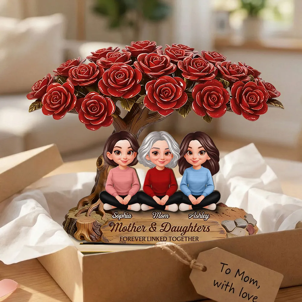 Personalized 2-Layer Wooden Plaque Rose Tree Mom and Daughters Cute Cartoon Keepsake, Unique Gift for Mom - Image 3