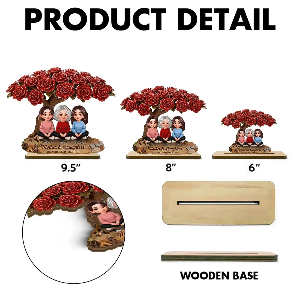 Personalized 2-Layer Wooden Plaque Rose Tree Mom and Daughters Cute Cartoon Keepsake, Unique Gift for Mom - Image 4