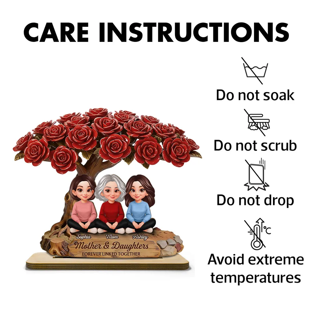 Personalized 2-Layer Wooden Plaque Rose Tree Mom and Daughters Cute Cartoon Keepsake, Unique Gift for Mom - Image 5
