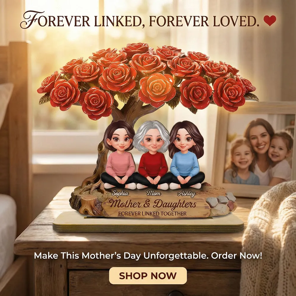 Personalized 2-Layer Wooden Plaque Rose Tree Mom and Daughters Cute Cartoon Keepsake, Unique Gift for Mom - Image 6