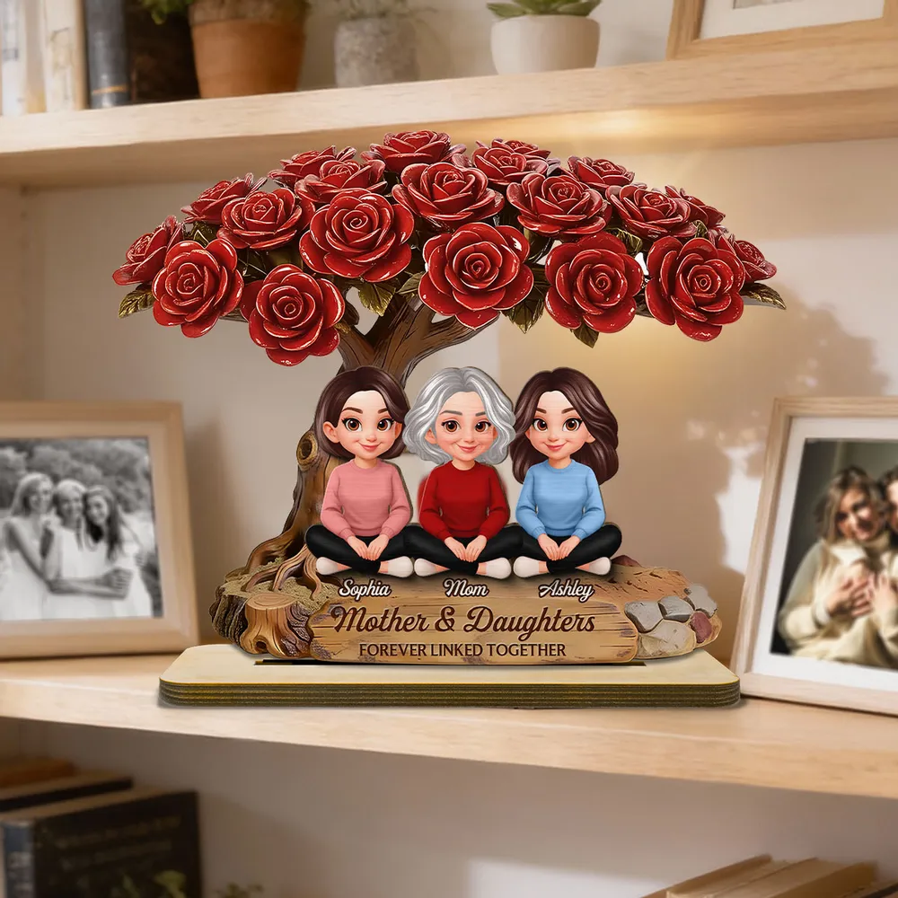 Personalized 2-Layer Wooden Plaque Rose Tree Mom and Daughters Cute Cartoon Keepsake, Unique Gift for Mom - Image 7