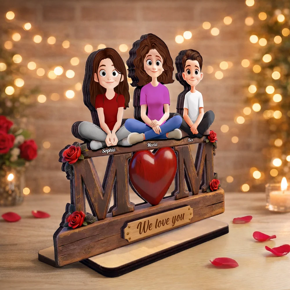 Personalized 2-Layer Wooden Plaque with Custom Cartoon Family and We Love You Message, Unique Gift for Mom - Image 2