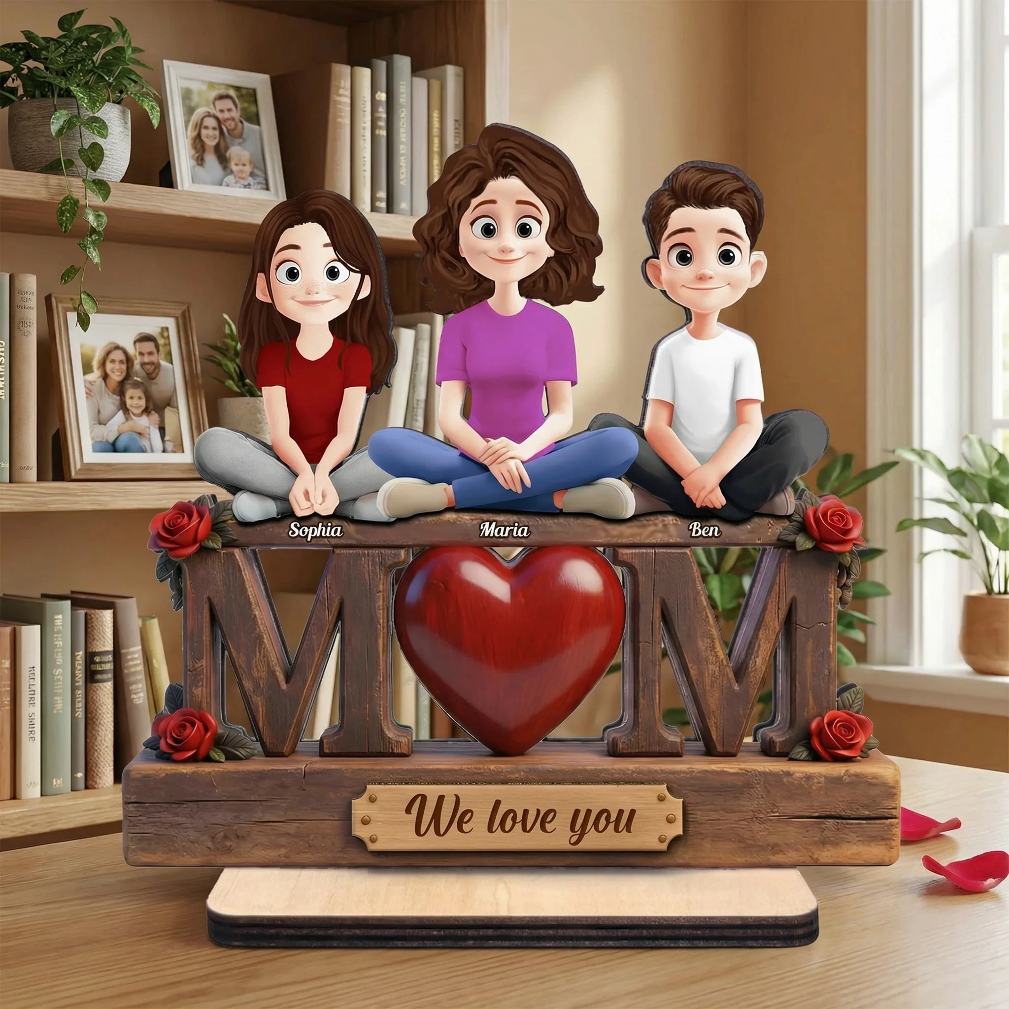Personalized 2-Layer Wooden Plaque with Custom Cartoon Family and We Love You Message, Unique Gift for Mom - Image 5