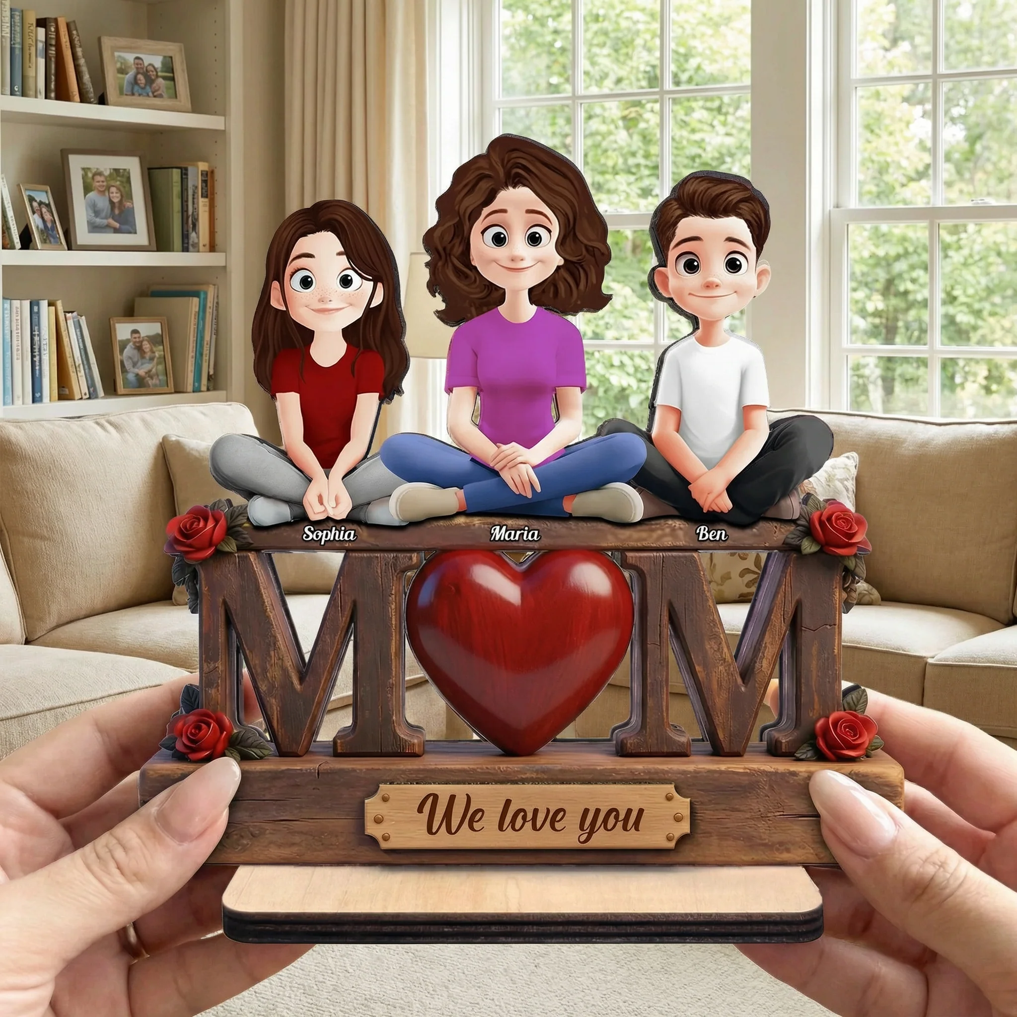 Personalized 2-Layer Wooden Plaque with Custom Cartoon Family and We Love You Message, Unique Gift for Mom - Image 6