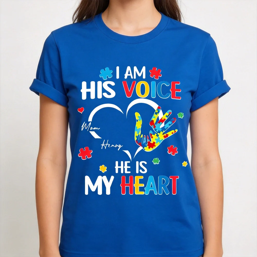 Personalized Autism Awareness Classic Tee I Am His Voice He Is My Heart Puzzle Hand Unique Gift for Mom - Image 4