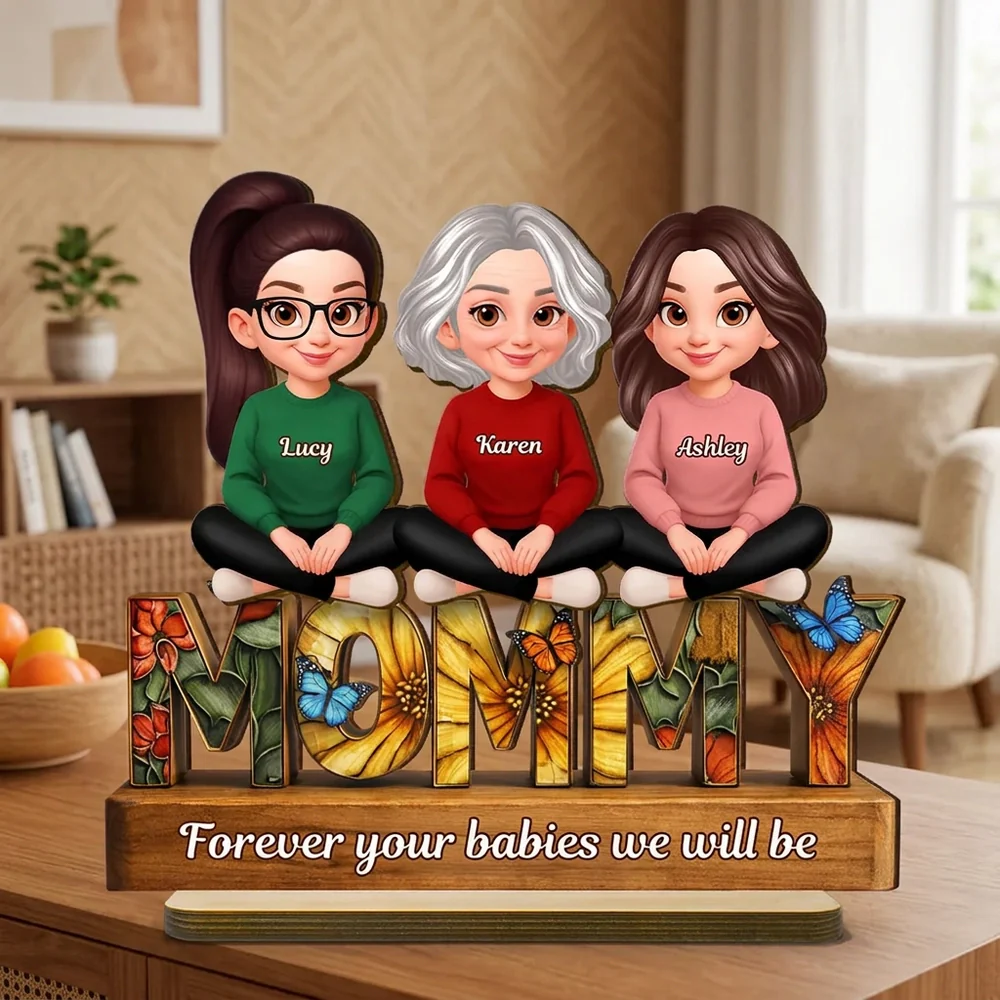 Personalized 2-Layer Wooden Plaque Mom Sign With Butterfly Art, Cute Cartoon Women Sitting, Unique Mother's Day Gift