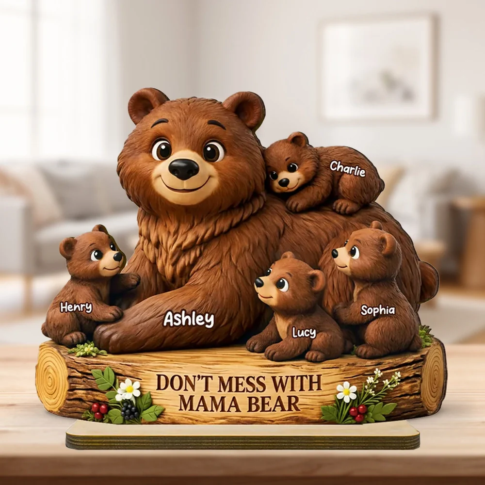 Personalized 2-Layer Wooden Plaque Mama Bear With Cubs, Unique Mother's Day Gift for Mom, Warm Family Keepsake Decor