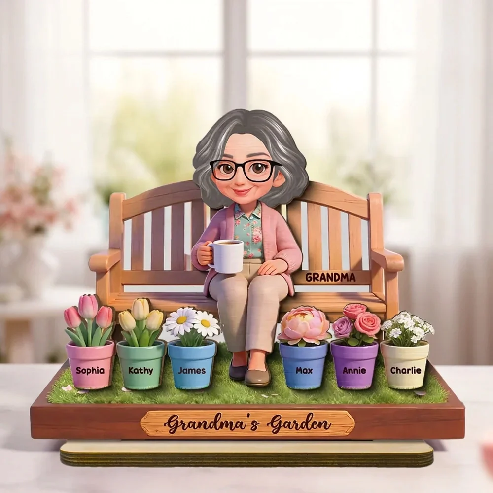 Personalized 2-Layer Wooden Plaque Grandma's Garden Bench Scene for Grandma, Sweet Family Keepsake Gift