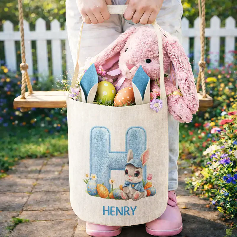 Personalized Bunny Ears Bucket Bag with Alphabet Patch, Cute Easter Bunny Scene, Unique Gift for Kids - Image 5