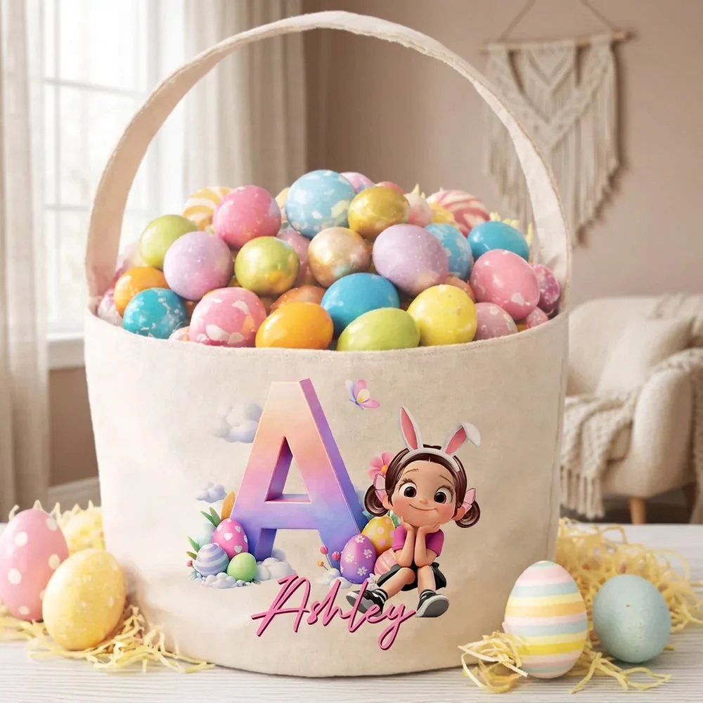 Personalized Polyester Basket Tote Easter Egg Hunt Bag With Cute Sitting Girl & Initial, Unique Gift For Kids