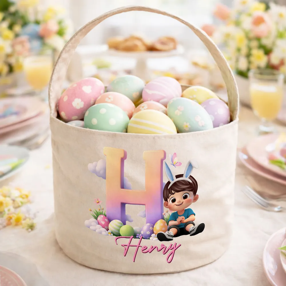 Personalized Polyester Basket Tote Easter Egg Hunt Bag With Cute Sitting Girl & Initial, Unique Gift For Kids - Image 2
